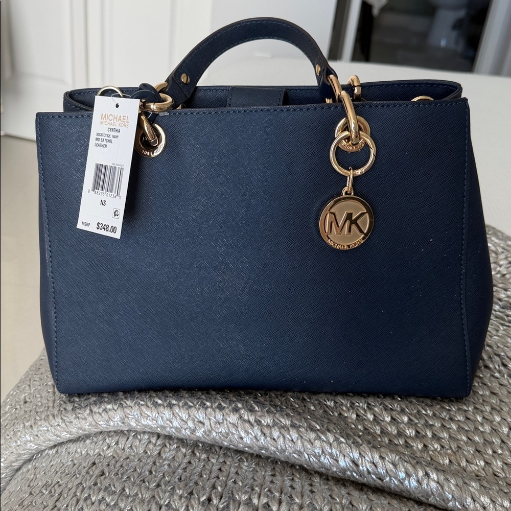 Michael Kors Navy Blue Satchel with Gold Accents